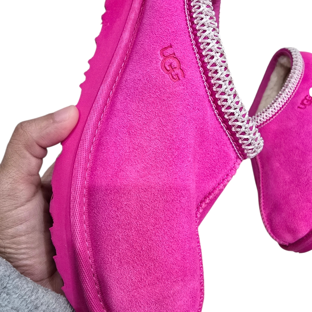 UGG Pink Suede Slippers with White Trim - Picture 11 of 12